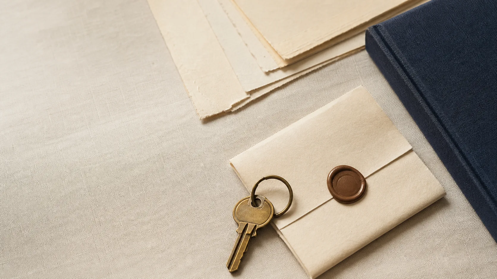 A brass house key, sealed note, blank paper, and navy notebook on a linen surface.